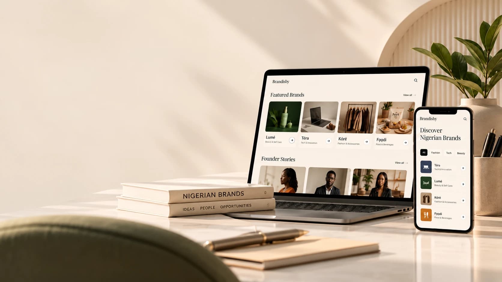 Brandisby shown on a laptop and phone, browsing featured Nigerian brands and founder stories